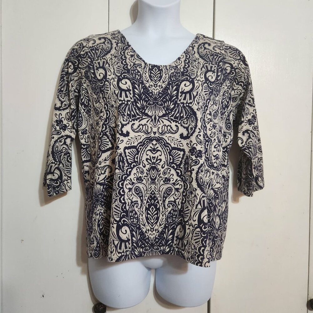 Liz Claiborne Woman Plus Size 1X Top Blue White Paisley Cotton 3/4 Sleeve Boho